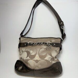 Coach Womens Brown Tan Sateen Signature Chain Duffle Convertible Crossbody Bag